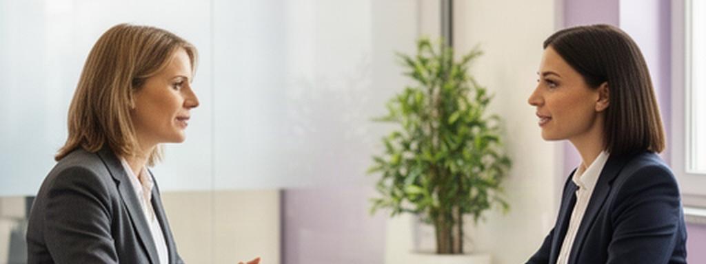Professionista HR conduce un colloquio strutturato con una candidata in una sala riunioni luminosa