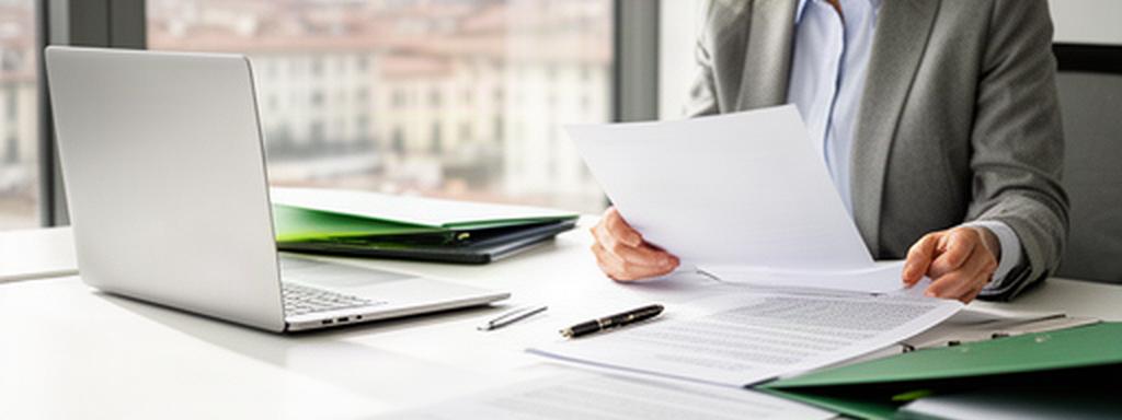 Professionista delle risorse umane che consulta condizioni contrattuali su una scrivania luminosa a Torino