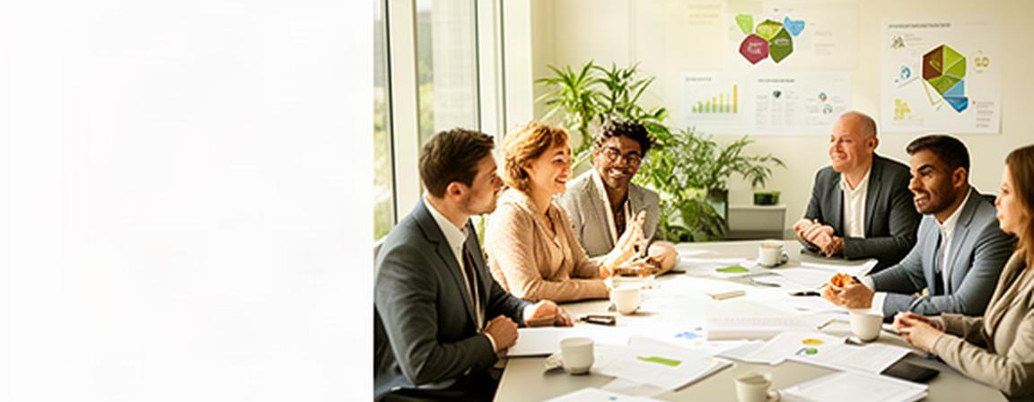 Team di professionisti riunito in un ambiente di lavoro luminoso mentre analizza obiettivi e competenze aziendali